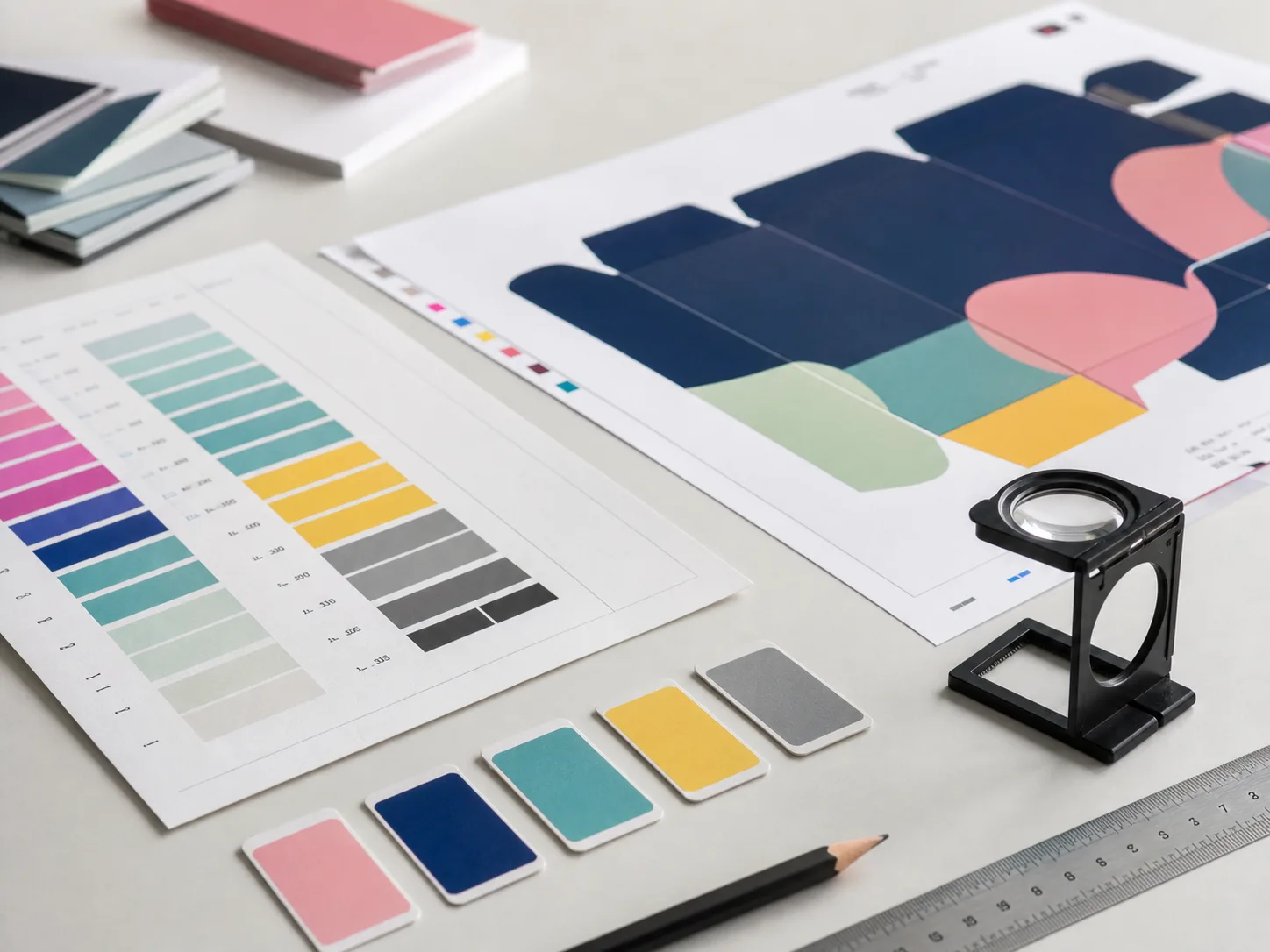 Print handoff desk with color chips, packaging proof, specification sheet, loupe, ruler, and pencil
