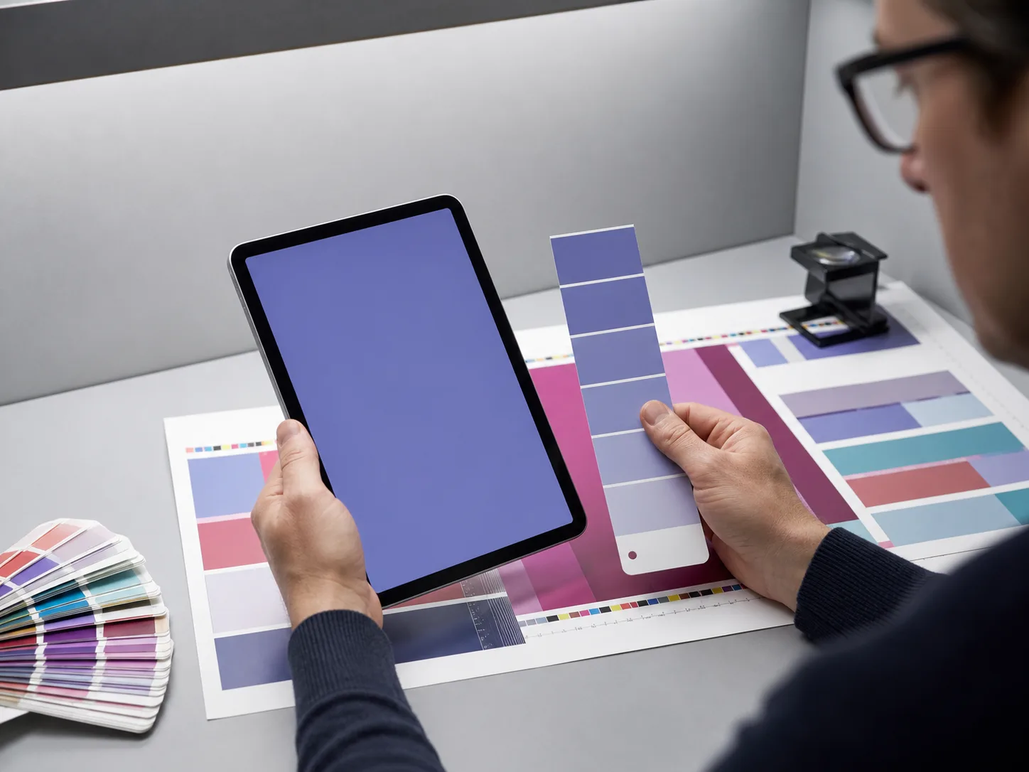 Designer comparing a tablet color block with printed proof strips and physical swatches under neutral light